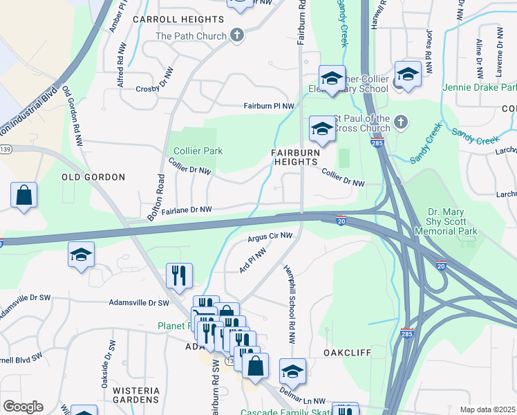 map of restaurants, bars, coffee shops, grocery stores, and more near 3530 Fairlane Drive Northwest in Atlanta
