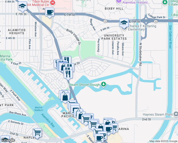 map of restaurants, bars, coffee shops, grocery stores, and more near 307 North Sand Piper Drive in Long Beach