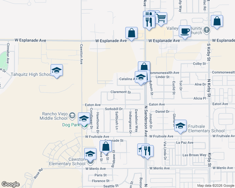 map of restaurants, bars, coffee shops, grocery stores, and more near 3663 Claremont Street in Hemet
