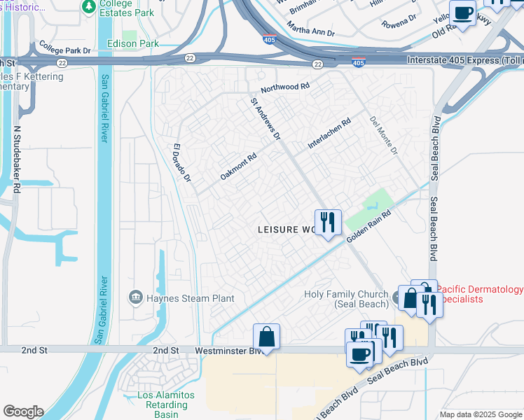 map of restaurants, bars, coffee shops, grocery stores, and more near 13540 Medinac Lane in Seal Beach
