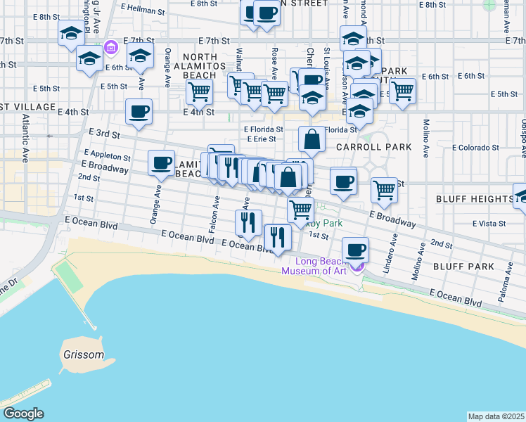 map of restaurants, bars, coffee shops, grocery stores, and more near in Long Beach