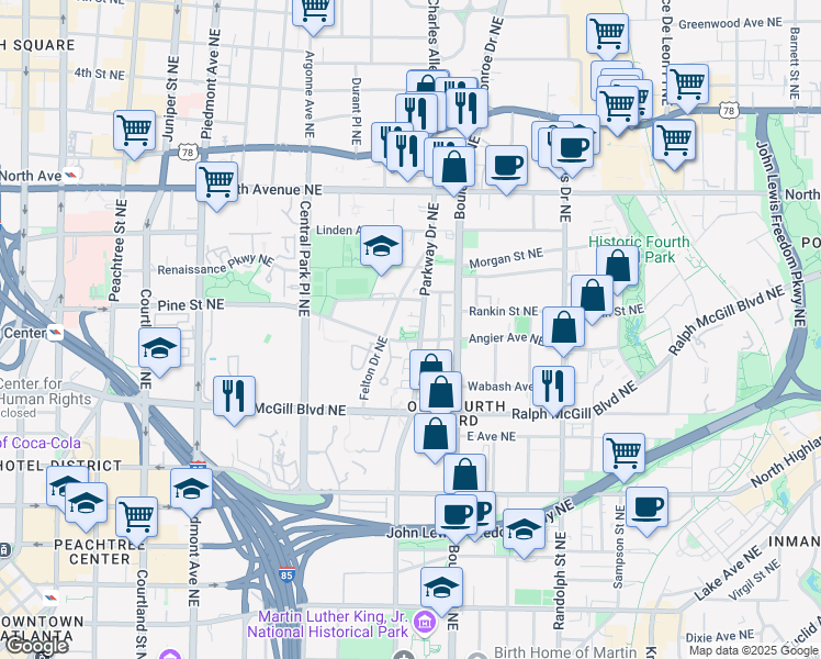 map of restaurants, bars, coffee shops, grocery stores, and more near 456 Parkway Drive Northeast in Atlanta