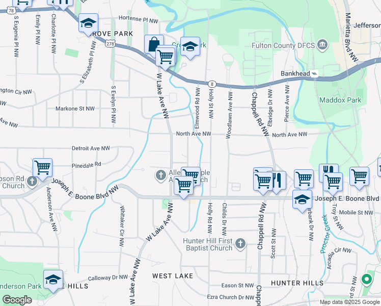 map of restaurants, bars, coffee shops, grocery stores, and more near 425 Lanier Street Northwest in Atlanta