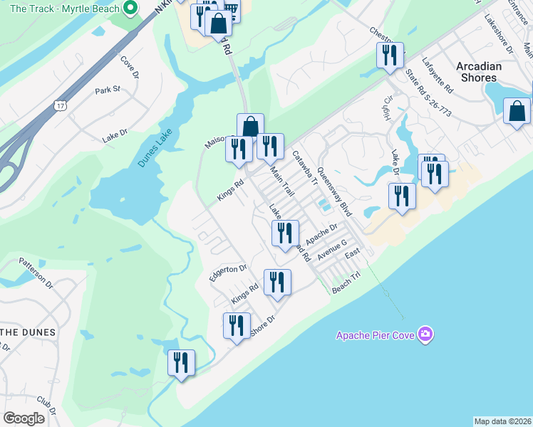 map of restaurants, bars, coffee shops, grocery stores, and more near 584 Apache Drive in Myrtle Beach