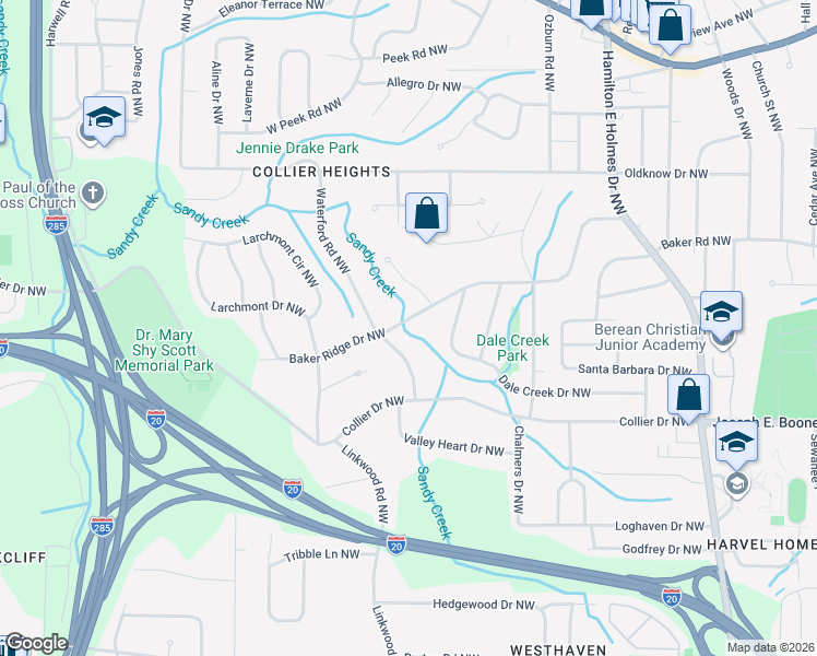 map of restaurants, bars, coffee shops, grocery stores, and more near 2874 Baker Ridge Drive Northwest in Atlanta