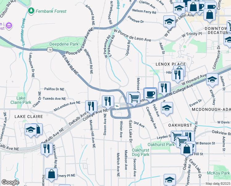 map of restaurants, bars, coffee shops, grocery stores, and more near 2265 East Lake Road Northeast in Atlanta