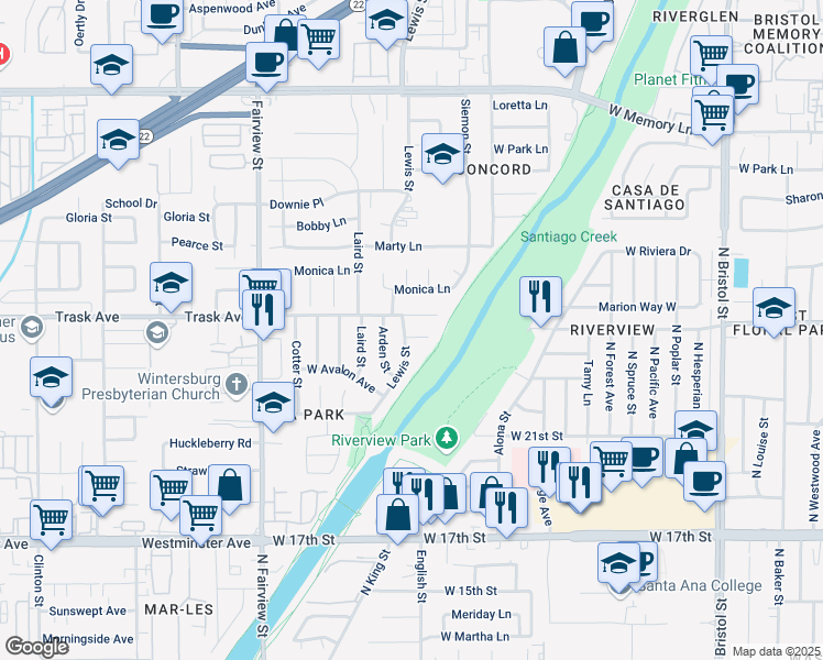 map of restaurants, bars, coffee shops, grocery stores, and more near 2005 Santa Clara Circle in Santa Ana