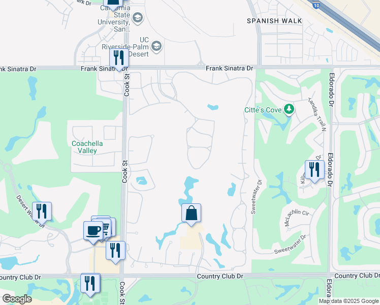 map of restaurants, bars, coffee shops, grocery stores, and more near 246 Vista Royale Circle West in Palm Desert