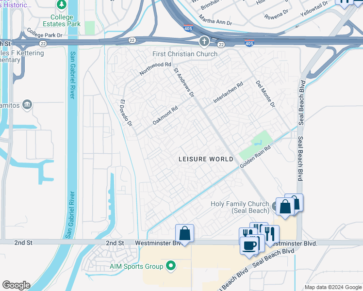 map of restaurants, bars, coffee shops, grocery stores, and more near 13540 Medinac Lane in Seal Beach