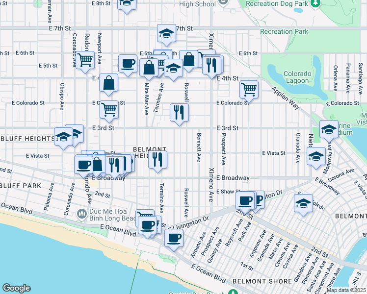 map of restaurants, bars, coffee shops, grocery stores, and more near 254 Belmont Avenue in Long Beach