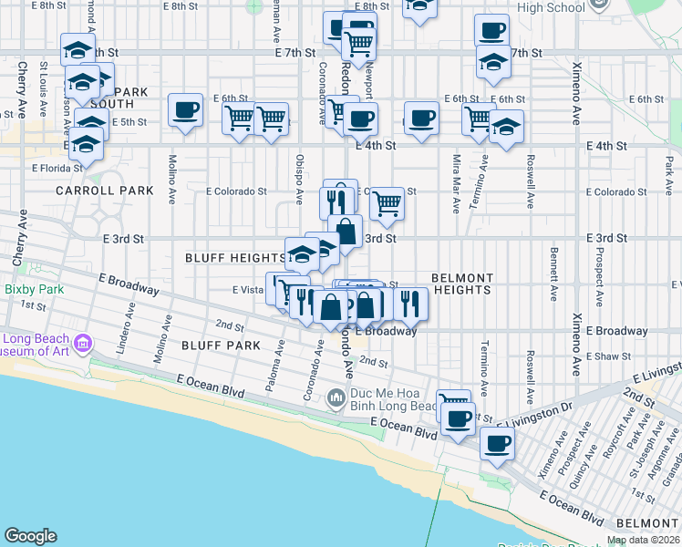 map of restaurants, bars, coffee shops, grocery stores, and more near 254 Redondo Avenue in Long Beach