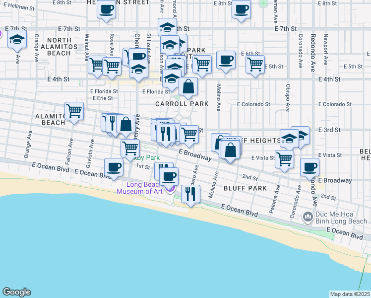 map of restaurants, bars, coffee shops, grocery stores, and more near 222 Kennebec Avenue in Long Beach