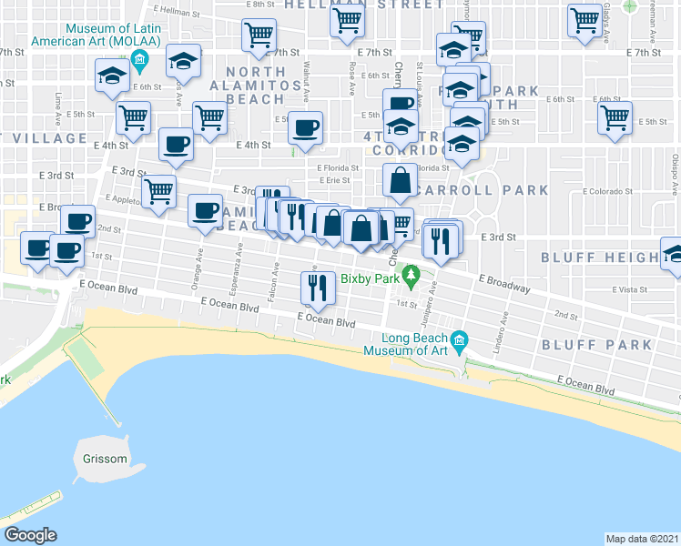 map of restaurants, bars, coffee shops, grocery stores, and more near in Long Beach