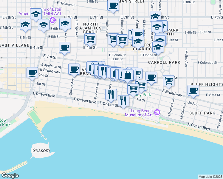 map of restaurants, bars, coffee shops, grocery stores, and more near in Long Beach