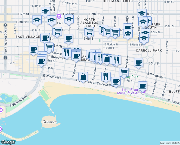 map of restaurants, bars, coffee shops, grocery stores, and more near 1326 East 1st Street in Long Beach