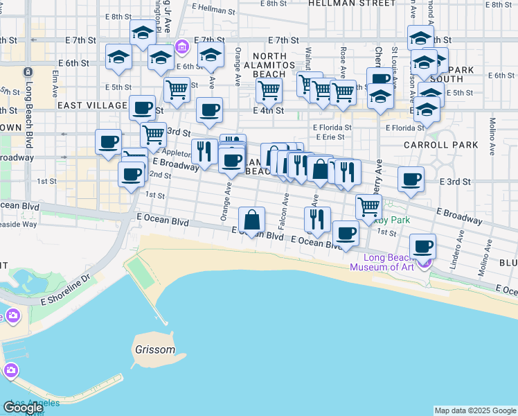 map of restaurants, bars, coffee shops, grocery stores, and more near 1326 East 1st Street in Long Beach