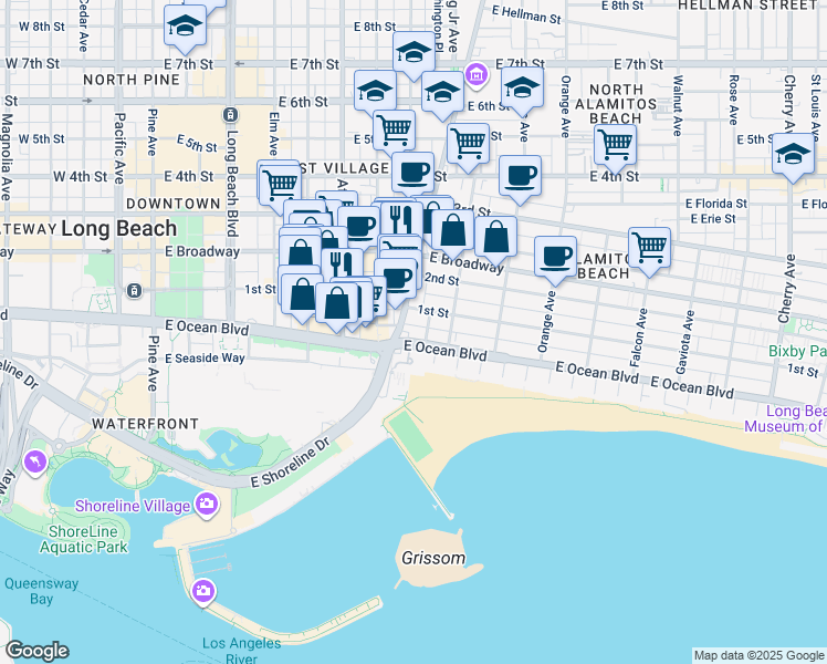 map of restaurants, bars, coffee shops, grocery stores, and more near 841 East Ocean Boulevard in Long Beach