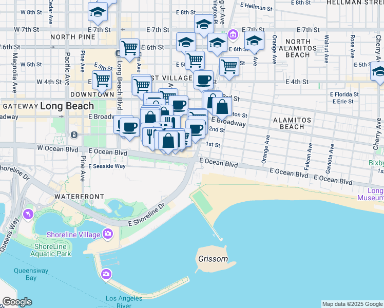 map of restaurants, bars, coffee shops, grocery stores, and more near 701 East Ocean Boulevard in Long Beach