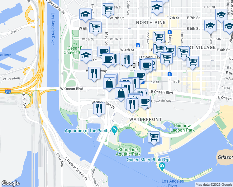 map of restaurants, bars, coffee shops, grocery stores, and more near 442 West Ocean Boulevard in Long Beach