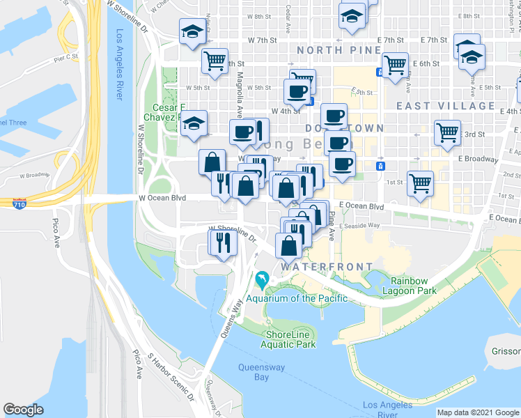 map of restaurants, bars, coffee shops, grocery stores, and more near 442 West Ocean Boulevard in Long Beach