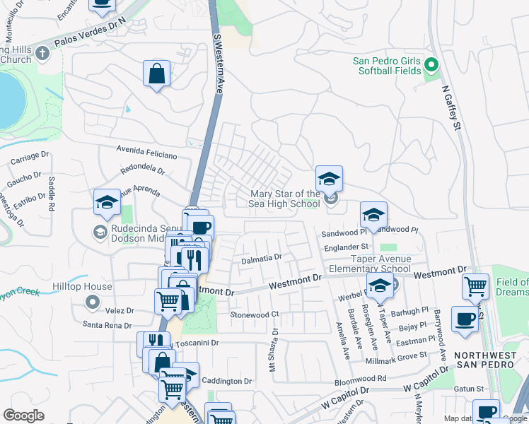 map of restaurants, bars, coffee shops, grocery stores, and more near 2260 Stonewood Court in Los Angeles
