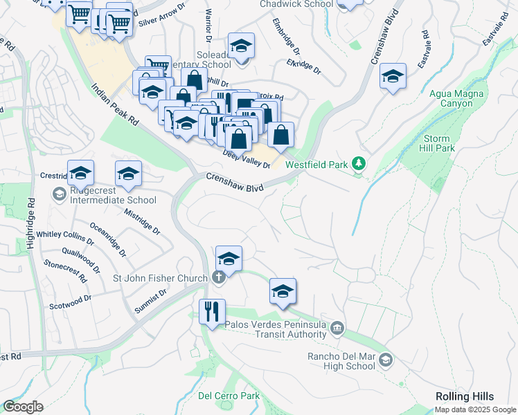 map of restaurants, bars, coffee shops, grocery stores, and more near Via Malona in Rancho Palos Verdes