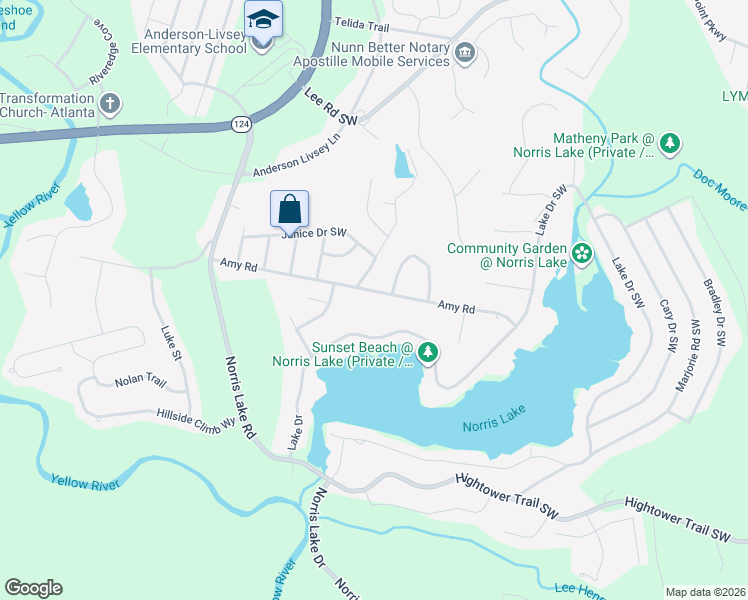 map of restaurants, bars, coffee shops, grocery stores, and more near 4505 Amy Road in Snellville