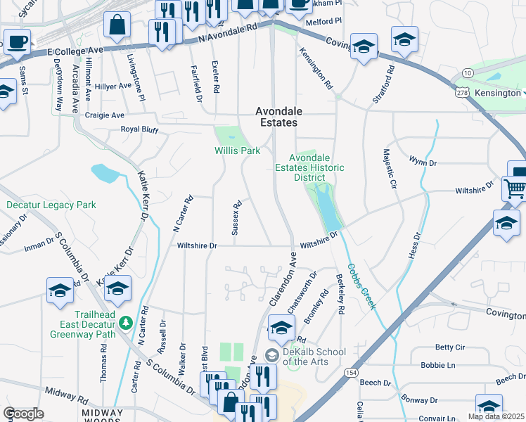 map of restaurants, bars, coffee shops, grocery stores, and more near 96 Dartmouth Avenue in Avondale Estates