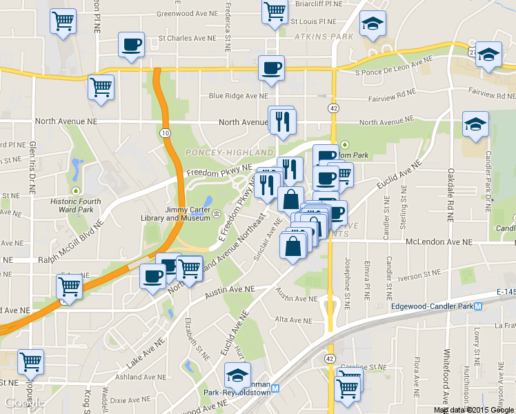 map of restaurants, bars, coffee shops, grocery stores, and more near 1018 Albion Avenue Northeast in Atlanta