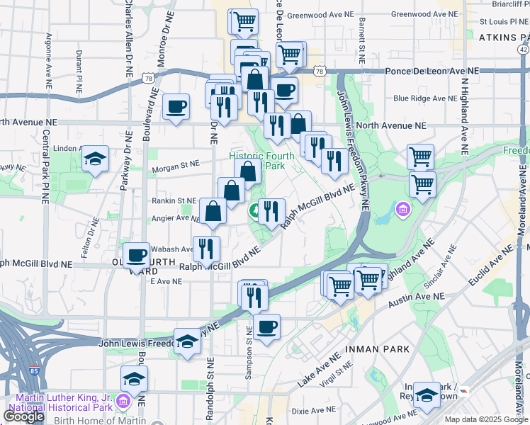 map of restaurants, bars, coffee shops, grocery stores, and more near 687 Angier Avenue Northeast in Atlanta
