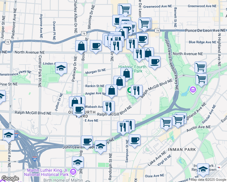 map of restaurants, bars, coffee shops, grocery stores, and more near 455 Glen Iris Drive Northeast in Atlanta
