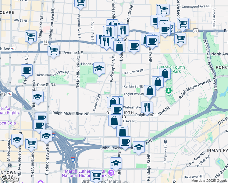 map of restaurants, bars, coffee shops, grocery stores, and more near 448 Parkway Drive Northeast in Atlanta