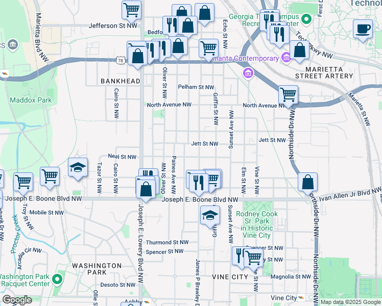 map of restaurants, bars, coffee shops, grocery stores, and more near 432 Andrew J Hairston Boulevard Northwest in Atlanta