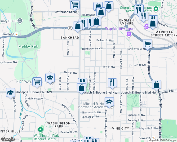 map of restaurants, bars, coffee shops, grocery stores, and more near 859 Neal Street Northwest in Atlanta