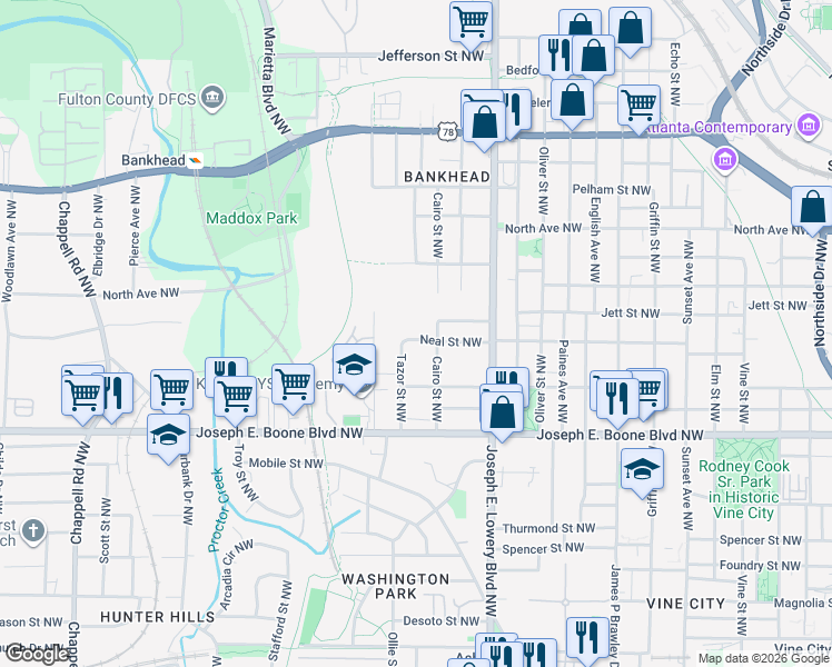 map of restaurants, bars, coffee shops, grocery stores, and more near 1009 Neal Street Northwest in Atlanta