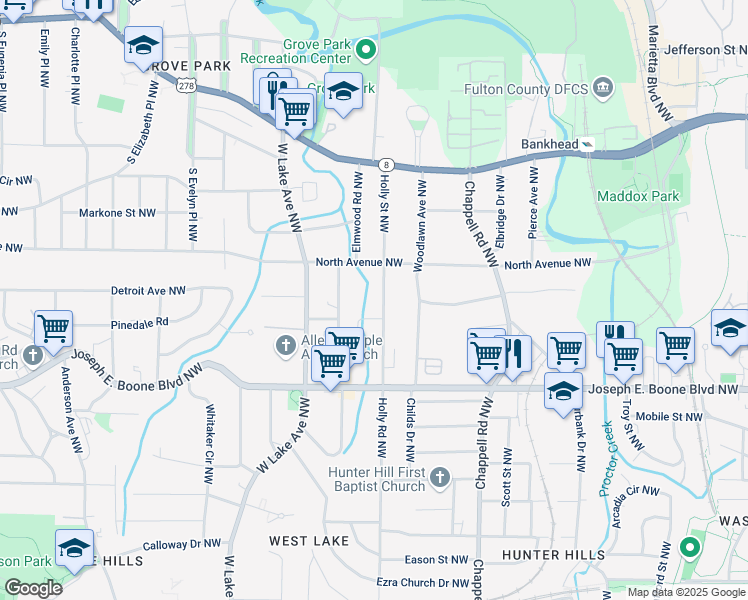 map of restaurants, bars, coffee shops, grocery stores, and more near 422 Holly Street Northwest in Atlanta