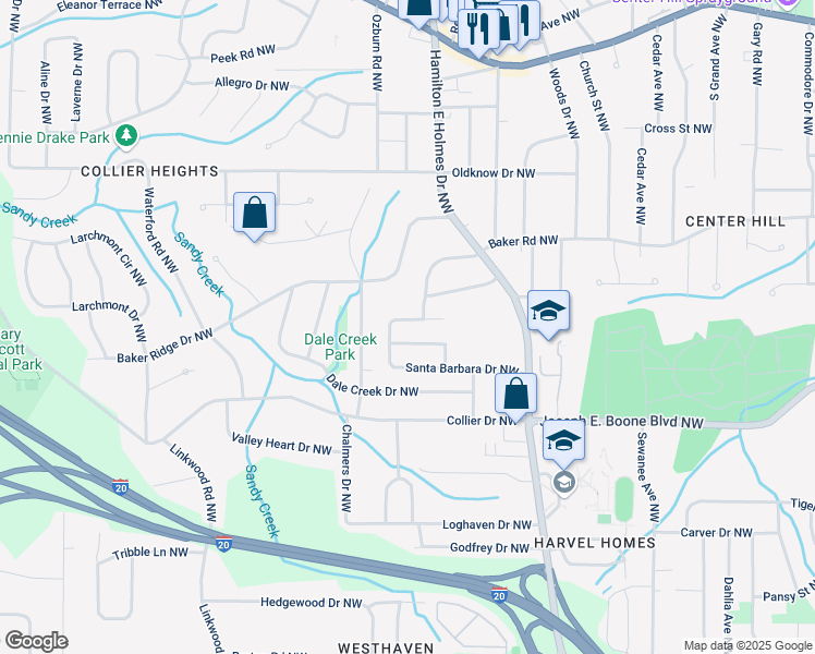 map of restaurants, bars, coffee shops, grocery stores, and more near 2747 Santa Barbara Drive Northwest in Atlanta