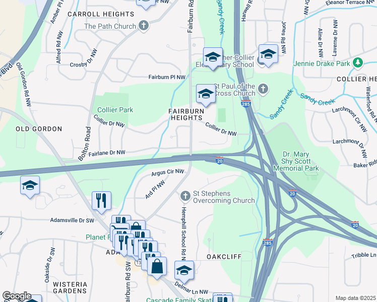 map of restaurants, bars, coffee shops, grocery stores, and more near 3460 Fairlane Drive Northwest in Atlanta