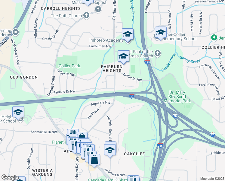 map of restaurants, bars, coffee shops, grocery stores, and more near 3460 Fairlane Drive Northwest in Atlanta