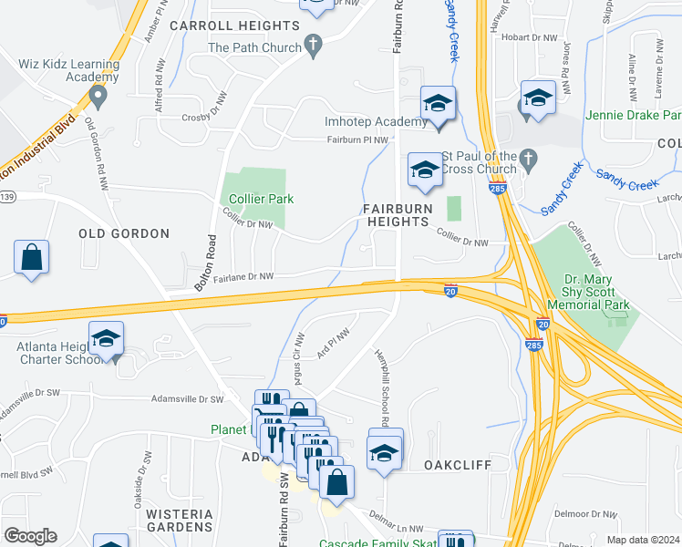map of restaurants, bars, coffee shops, grocery stores, and more near 3530 Fairlane Drive Northwest in Atlanta