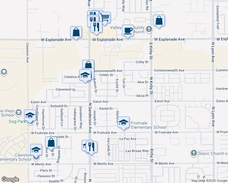 map of restaurants, bars, coffee shops, grocery stores, and more near 2995 Joshua Way in Hemet