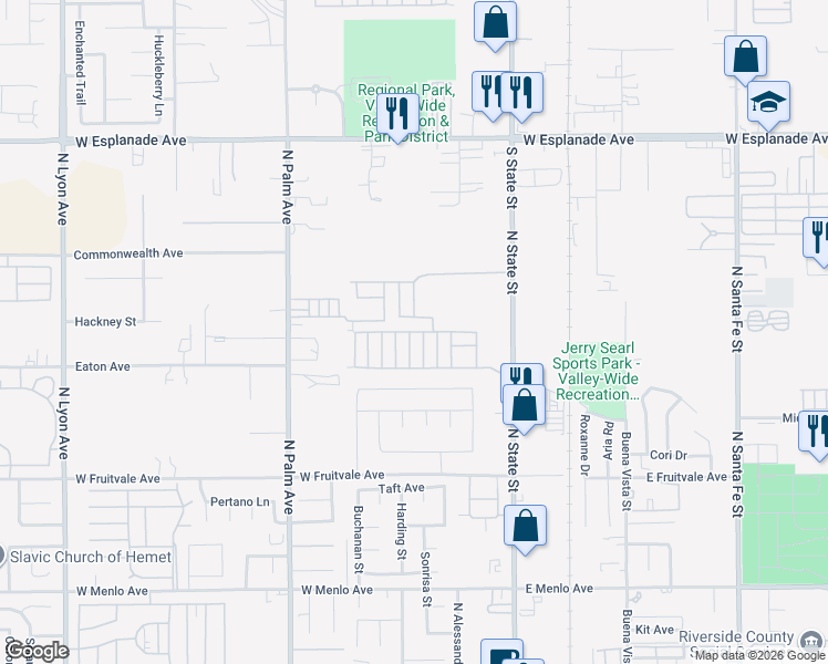 map of restaurants, bars, coffee shops, grocery stores, and more near 1097 North State Street in Hemet