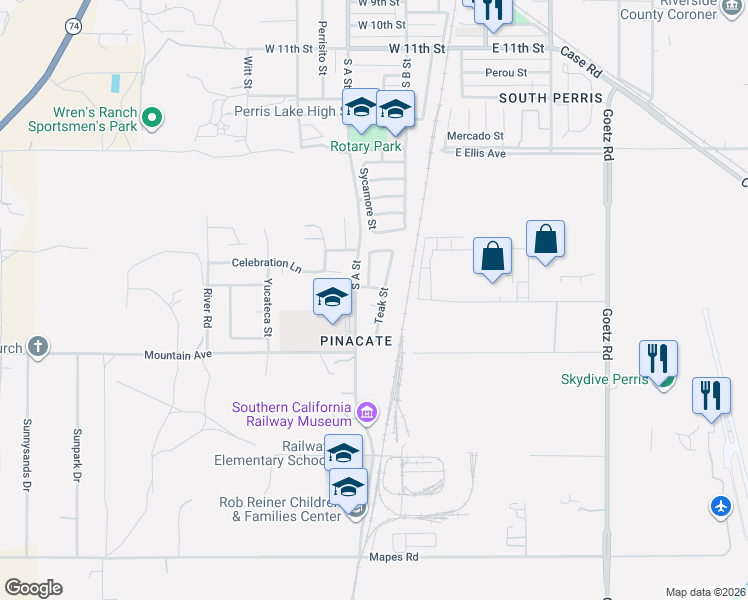 map of restaurants, bars, coffee shops, grocery stores, and more near 468 Birch Lane in Perris