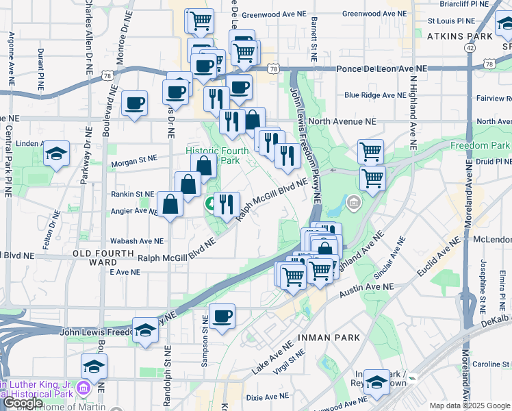 map of restaurants, bars, coffee shops, grocery stores, and more near 747 Ralph McGill Boulevard Northeast in Atlanta
