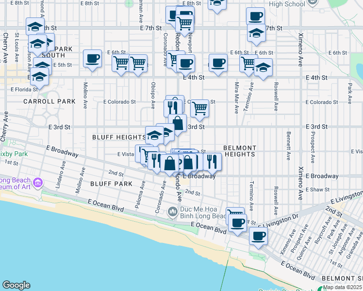 map of restaurants, bars, coffee shops, grocery stores, and more near 260 Redondo Avenue in Long Beach