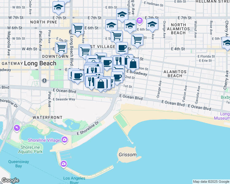 map of restaurants, bars, coffee shops, grocery stores, and more near 701 East Ocean Boulevard in Long Beach