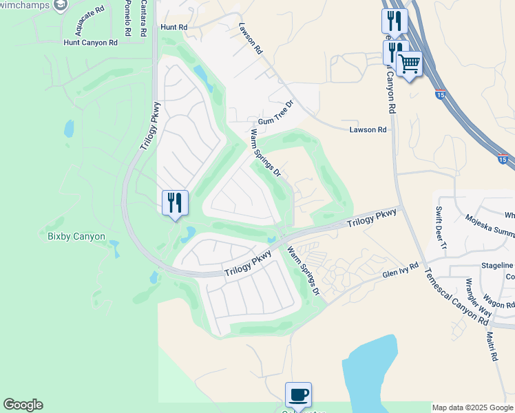 map of restaurants, bars, coffee shops, grocery stores, and more near 9344 Robinson Lane in Corona