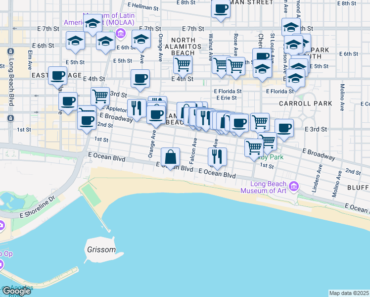 map of restaurants, bars, coffee shops, grocery stores, and more near 1326 East 1st Street in Long Beach