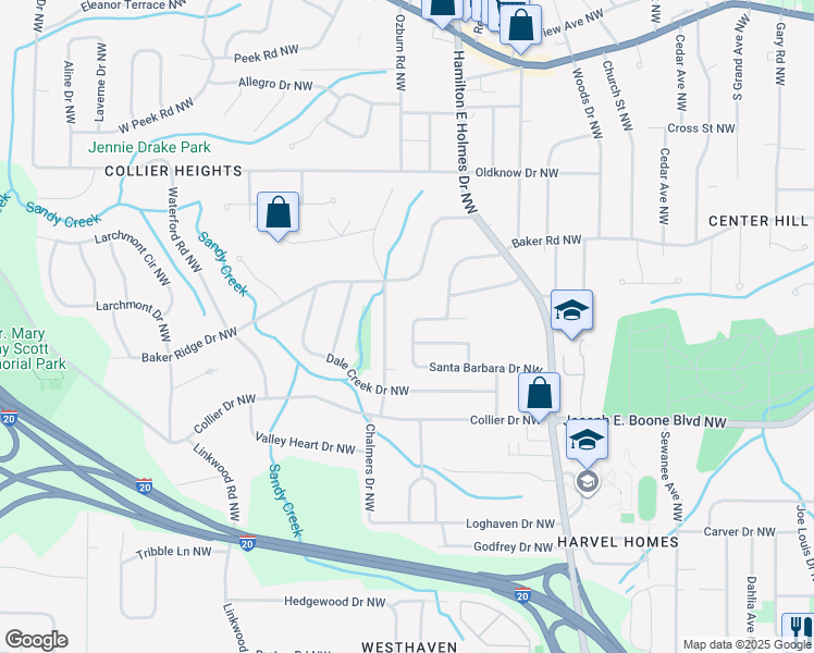 map of restaurants, bars, coffee shops, grocery stores, and more near 2669 Santa Monica Drive Northwest in Atlanta