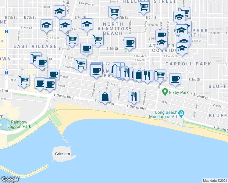 map of restaurants, bars, coffee shops, grocery stores, and more near 1405 East 1st Street in Long Beach